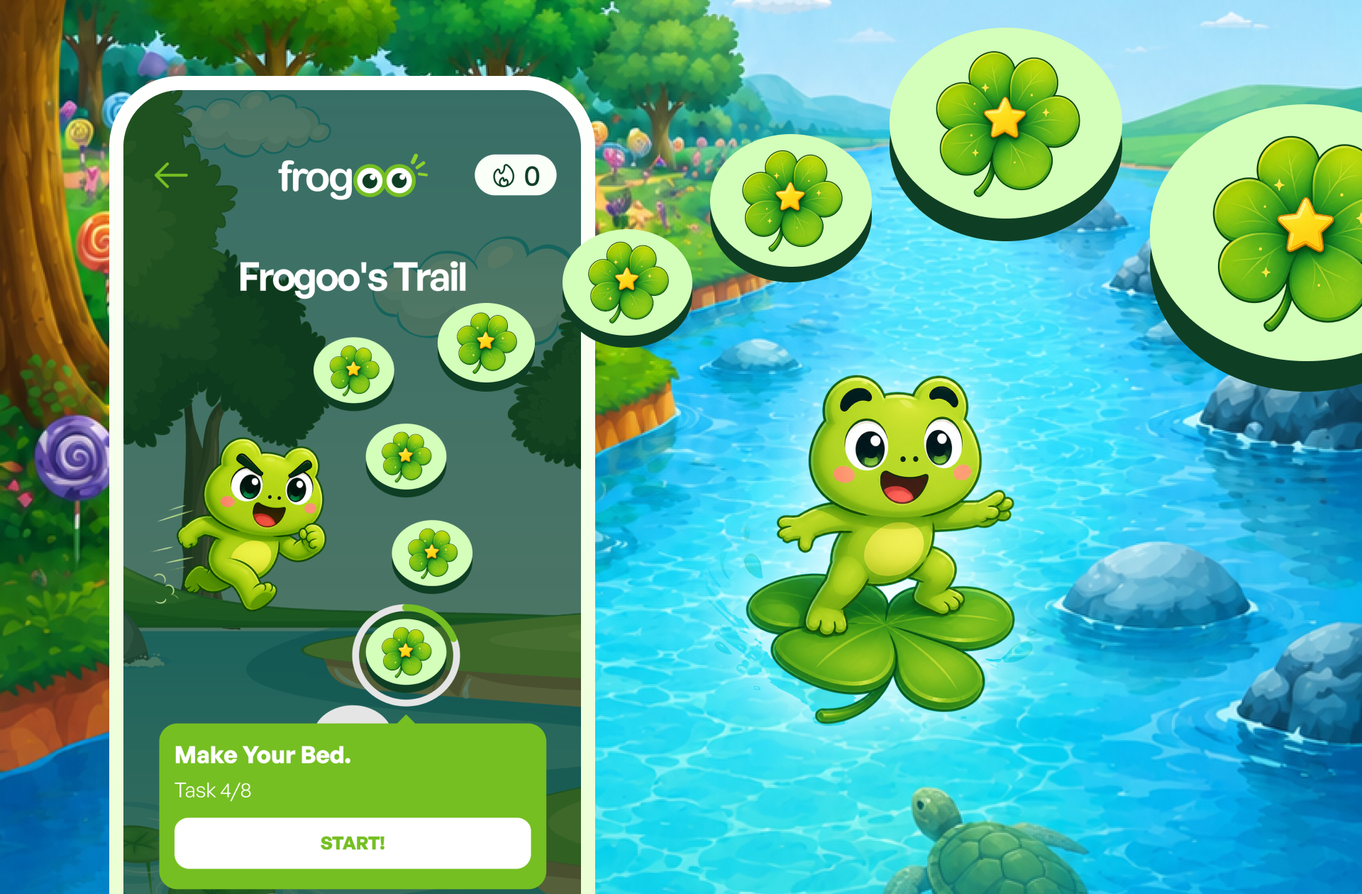 Follow Frogoo's trail and build streaks